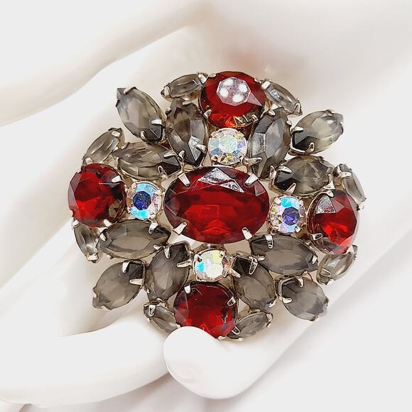 Vintage Rhinestone Brooch, Red Aurora Borealis Pin, Smoky Gray Navettes, 1960s - Picture 3 of 8